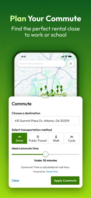 Commute filter set to a drive under 30 minutes to 410 Summit Place Dr, calculated at rush hour and powered by TravelTime
