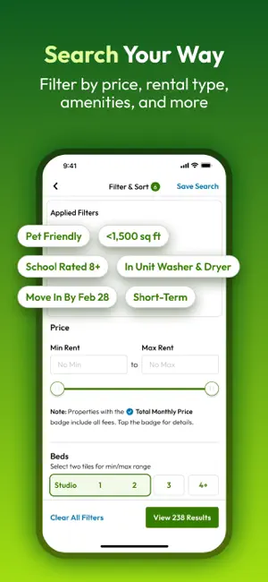 Filter and Sort screen with six filters applied, including Pet Friendly, School Rated 8+ and Short-Term, returning 238 results