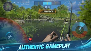 First-person cast over a forest lake with a Perfect timing bar and a 36°C Day Three readout — Authentic gameplay