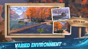 Heron Bay location card with an autumn lake, a pier and a signpost — Varied environment