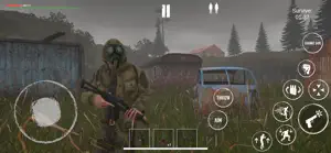 A gas-masked survivor with a rifle in a foggy village beside a wrecked blue car