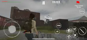 A survivor under a grey sky near ruined buildings with a flag-capture timer