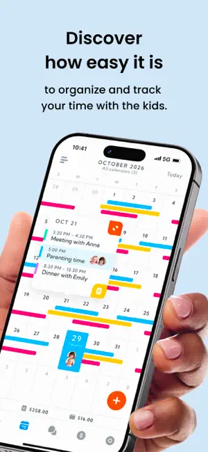 Shared October 2026 custody calendar with colored parenting-time bars and a day view listing Parenting time at 5:00 PM