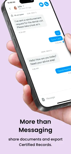 Encrypted chat with a co-parent about a dental reimbursement request, captioned More than Messaging