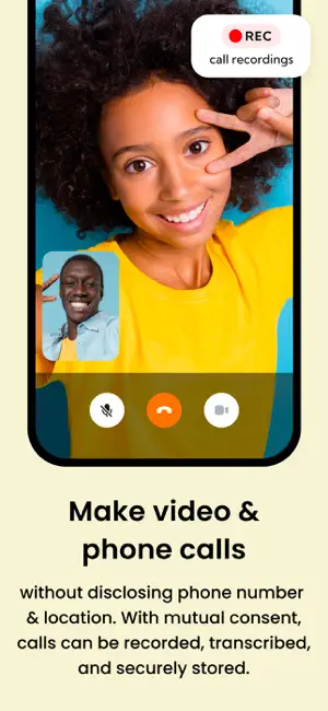 Video call between a parent and a child with a REC call-recording badge in the corner