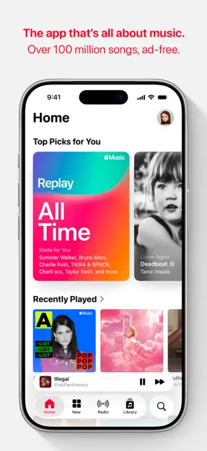 Home tab on iPhone with a Replay All Time mix under Top Picks for You and a Recently Played row below