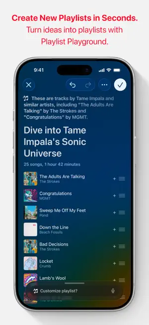 Playlist Playground draft titled Dive into Tame Impala's Sonic Universe, listing 25 songs and 1 hour 42 minutes