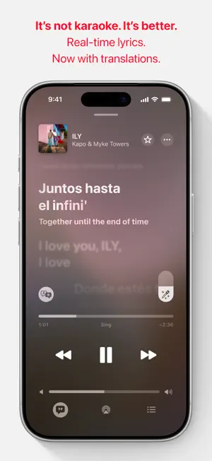 Real-time lyrics for ILY by Kapo and Myke Towers, with a Spanish line translated into English beneath it