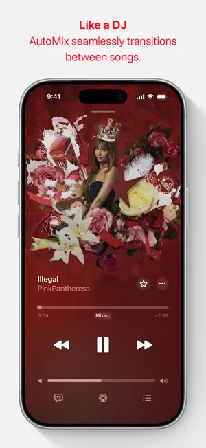 Now Playing screen for Illegal by PinkPantheress with the AutoMix Mixing label on the progress bar
