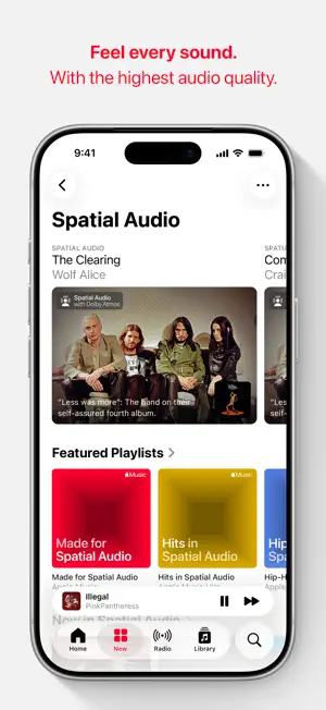 Spatial Audio page featuring Wolf Alice's The Clearing above Made for Spatial Audio and Hits in Spatial Audio playlists