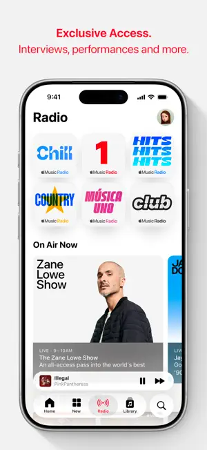 Radio tab with Chill, Apple Music 1, Hits, Country, Música Uno and Club stations above The Zane Lowe Show
