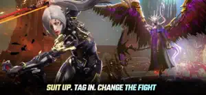 A winged Guardian in a black suit swinging a scythe beside an armoured ally