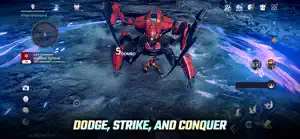 Dodging a red four-legged mech boss with a 5-hit combo on screen