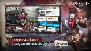 Base terminal menu beside a dark-haired operator, with the story line I accuse you, Sonya