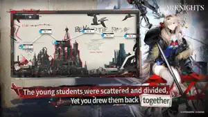 Stage map of a snowy city beside a white-haired operator, captioned They drew them back together