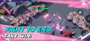 Top-down arena fight with pink energy blasts and a crowd of small enemies, captioned fight to end