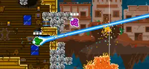 A green ship firing a laser across a canyon fortress with pixel-art buildings