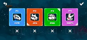 The pilot-select screen with four coloured cards for players one to four