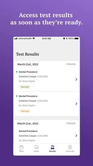 Test Results list dated March 21st, 2022 with two dental procedure results marked Normal for a sample patient of Dr. Olivia Taylor