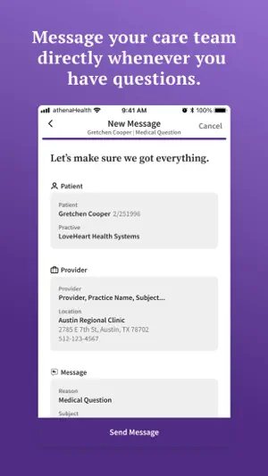 New Message review screen showing the patient, the practice, an Austin Regional Clinic location and a Medical Question reason before sending