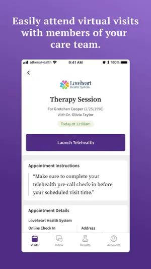 Therapy Session appointment today at 11:00am with a Launch Telehealth button and pre-call check-in instructions