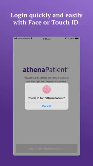 athenaPatient sign-in screen with a Touch ID prompt over the Log in with athenahealth button