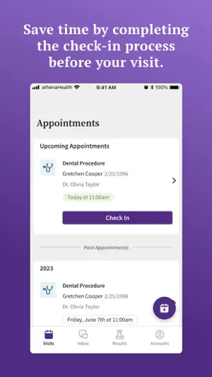Appointments screen with an upcoming dental procedure today at 11:00am, a Check In button and past appointments below
