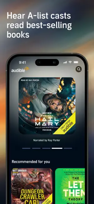 Audible home screen showing Project Hail Mary narrated by Ray Porter and a Recommended for you row