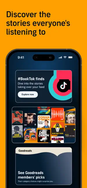 Discover screen with a #BookTok finds banner, a grid of podcast covers and Goodreads members' picks