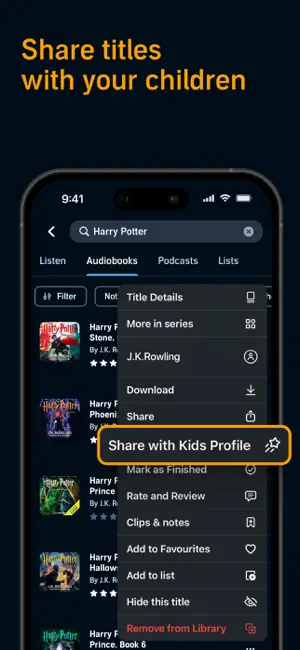 Harry Potter search results in Audible with a title menu open on Share with Kids Profile