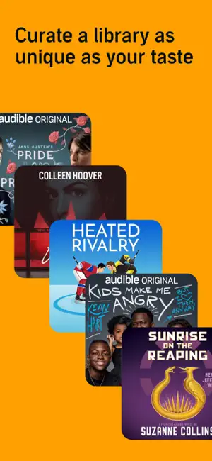 Fanned covers of Audible Originals and bestsellers, including Pride and Prejudice and Sunrise on the Reaping