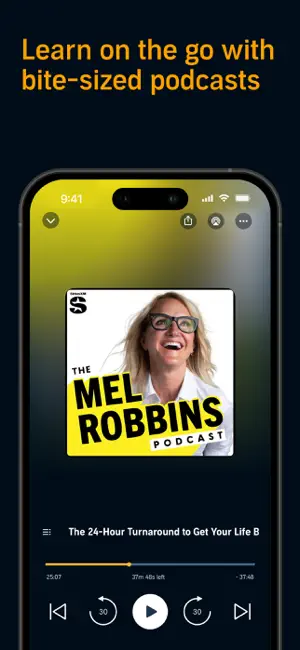 Audible podcast player on The Mel Robbins Podcast with 30-second skip buttons and 37 minutes left