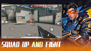 First-person view down a rifle at a sunlit site beside an agent in orange goggles — Squad Up and Fight