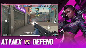 Aiming through a corridor toward a neon Meomair sign, a purple-haired agent at the right — Attack vs. Defend