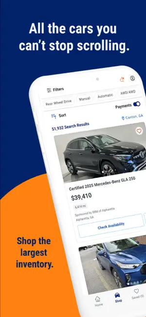 Search results showing 51,932 cars near Canton, GA, topped by a sponsored certified 2025 Mercedes-Benz GLA 250 at $39,410