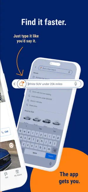 Smart search bar with the typed request "White SUV under 20k miles" above Shop by Style vehicle icons