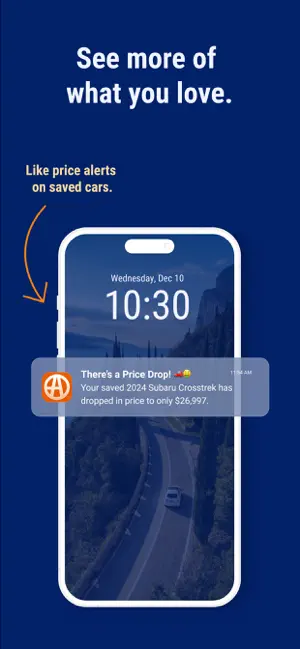 Lock-screen price drop alert for a saved 2024 Subaru Crosstrek, now listed at $26,997