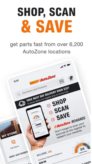 AutoZone app home screen with a free next-day delivery over $35 banner, a My Store card and a $20.00 Rewards balance
