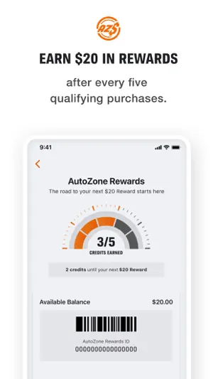 AutoZone Rewards screen showing 3 of 5 credits earned, a $20.00 available balance and the Rewards ID barcode