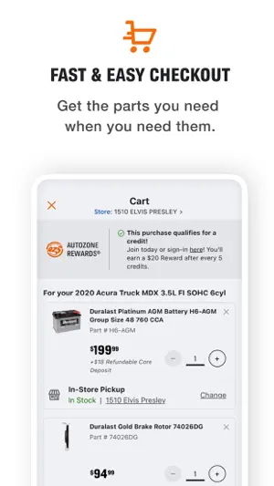 Cart for a 2020 Acura MDX with a Duralast Platinum AGM battery at $199.99 plus an $18 core deposit, set for in-store pickup