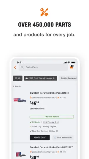 Brake pad search for a 2016 Ford Explorer listing Duralast ceramic pads at $46.99 with a Fits Your Vehicle tag