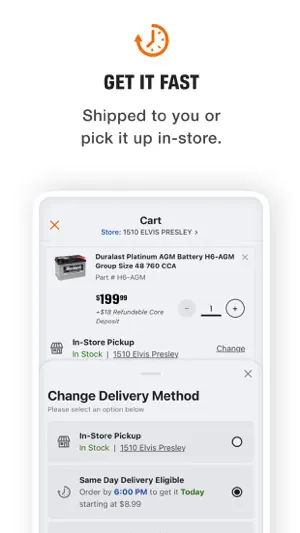 Change Delivery Method sheet offering in-store pickup or Same Day Delivery for orders placed by 6:00 PM