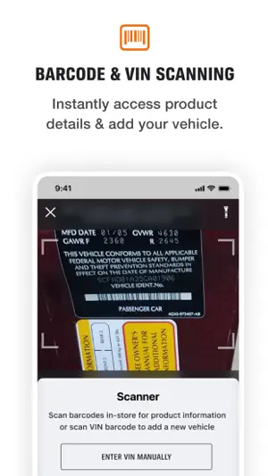 Scanner reading the VIN barcode on a door-jamb sticker, with an Enter VIN Manually button