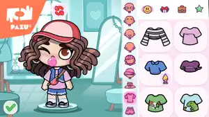 Dress-up screen with a character and a grid of hats, tops and shoes