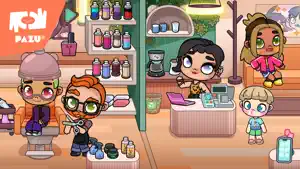 Hair salon with a character in the chair and shelves of products