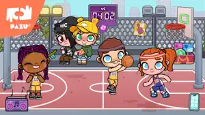 Basketball court with a scoreboard and four characters playing
