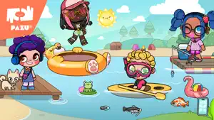 Lakeside pier with inflatables, a paddleboard and fish in the water