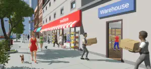 A shop worker carrying a box past a Warehouse door on a city street with a customer and a dog