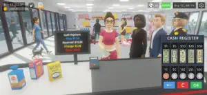 The checkout counter with a cash-register panel and denomination buttons as customers queue