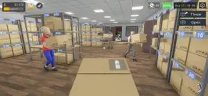 A warehouse of numbered racks with a worker carrying boxes